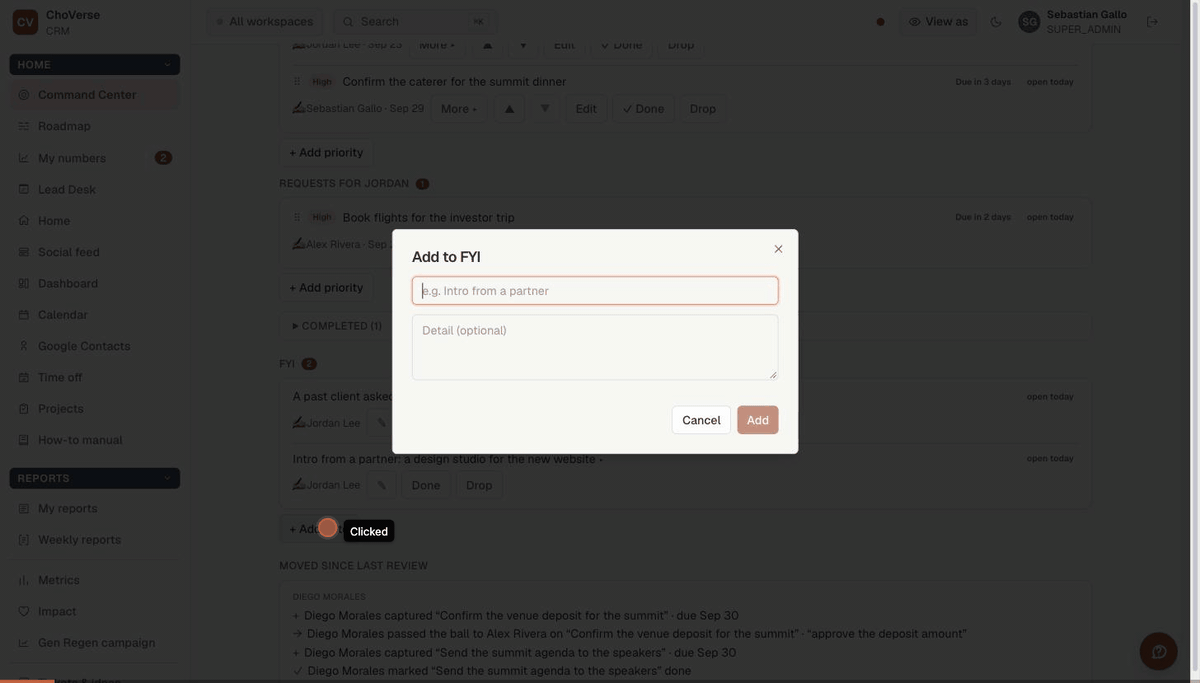 FYI: adding a note with a detail, editing it with the pencil, then Copy recap at the top.